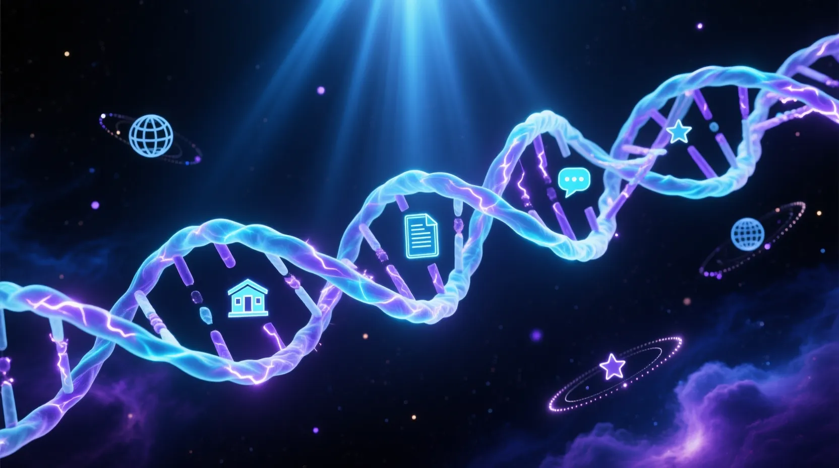 A glowing DNA double helix made of cyan and purple energy, with business icons — building, globe, document, chat, star — floating between its strands