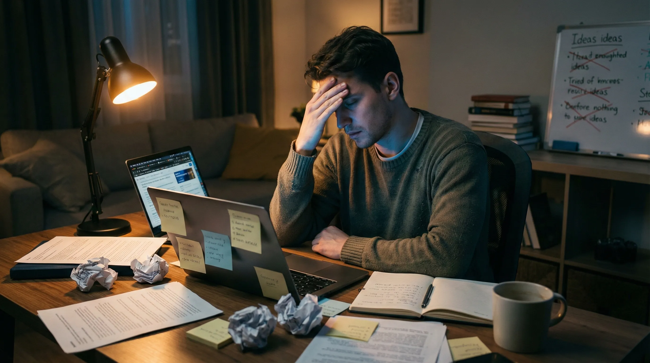 An entrepreneur overwhelmed by research — late night at a desk covered in notes and open browser tabs