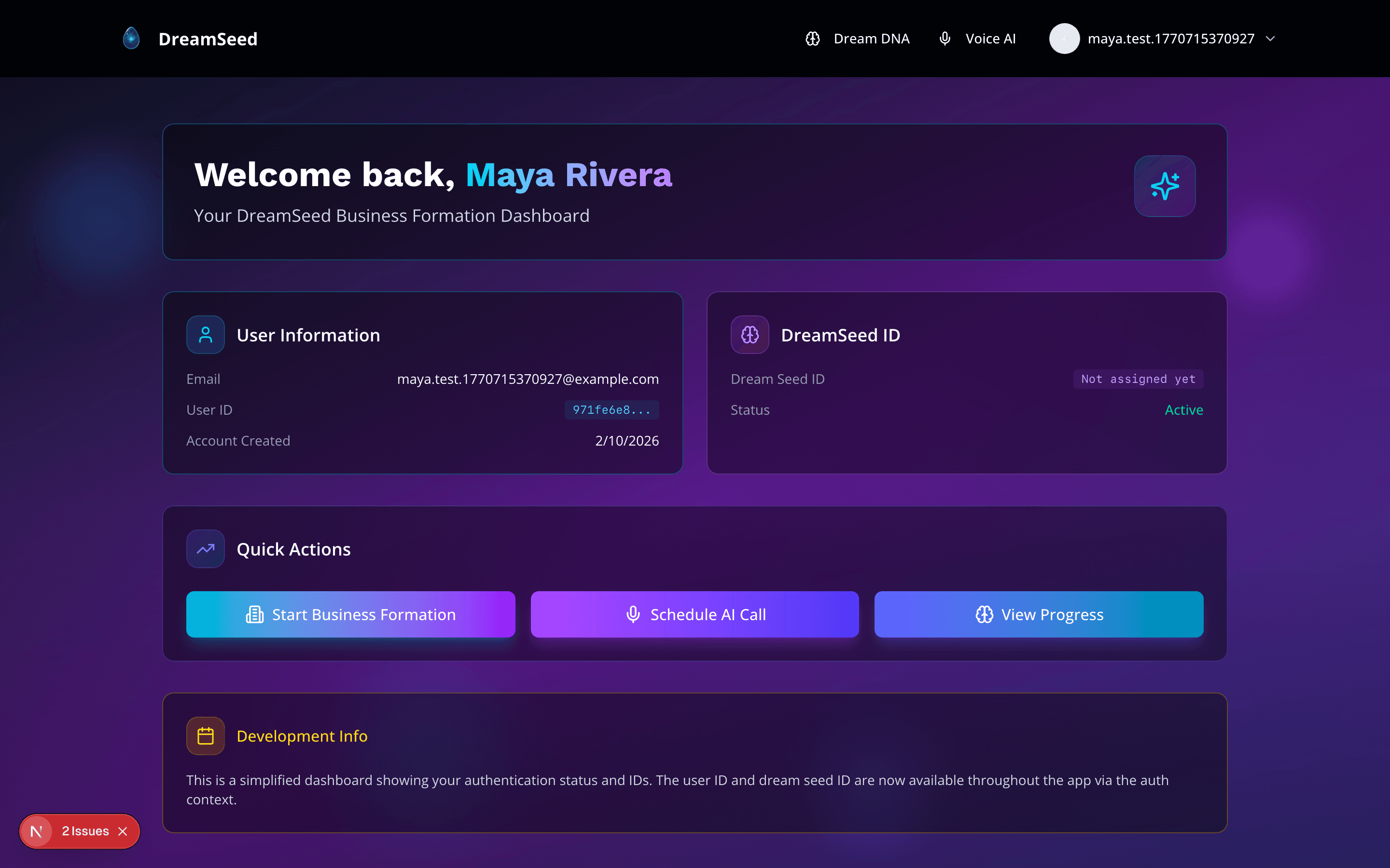 DreamSeed dashboard — Welcome back Maya Rivera, with quick actions to start formation
