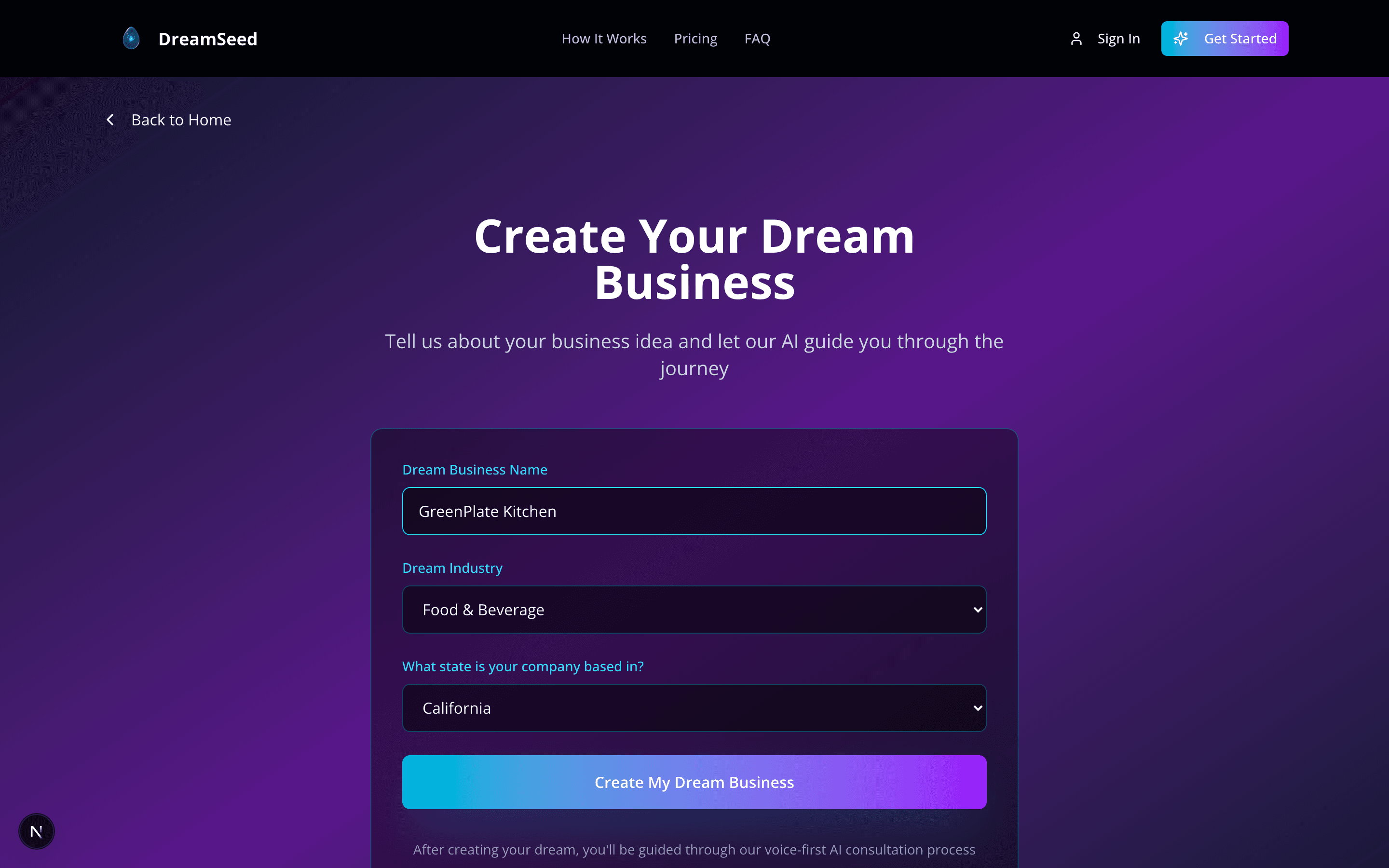 DreamSeed Dream DNA setup — GreenPlate Kitchen, a plant-based meal prep business in California