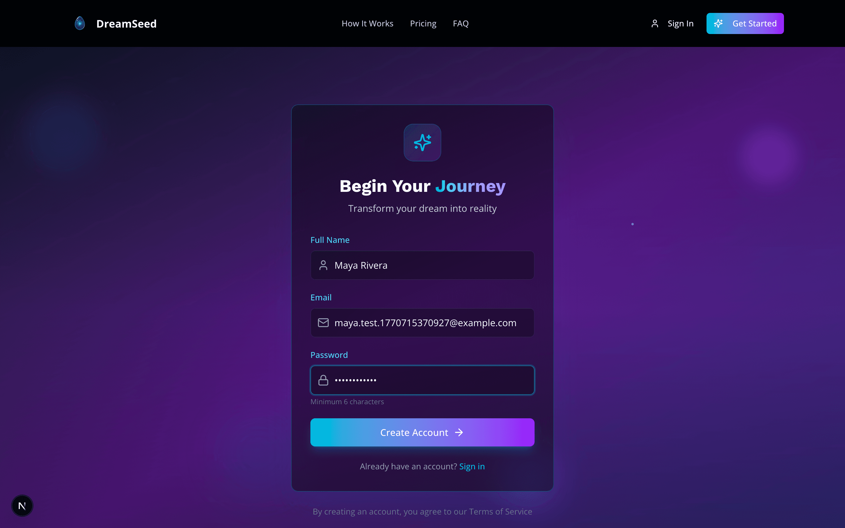 DreamSeed signup — Maya Rivera creating her account to launch GreenPlate Kitchen
